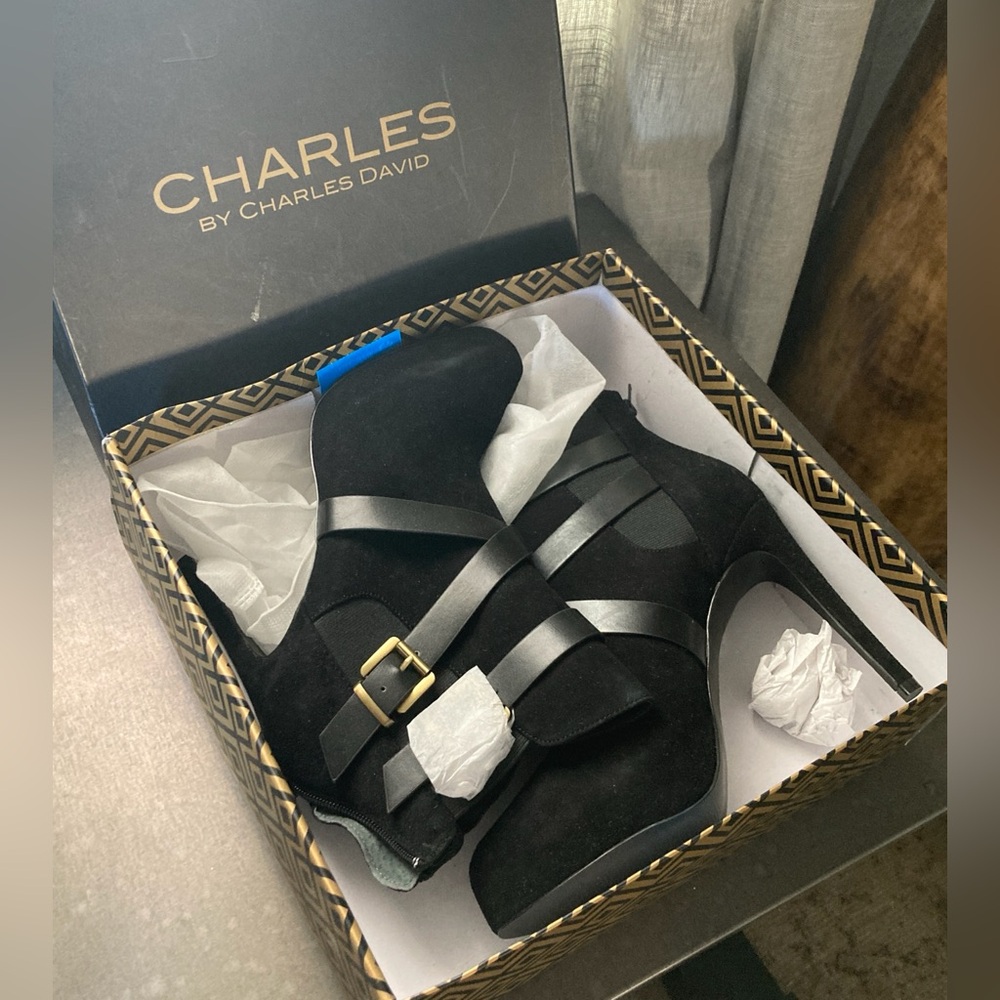 Charles by Charles David Strappy Heeled Boot- 8.5  Black Suede